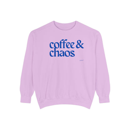 Coffee & Chaos in blue  Unisex Garment-Dyed Sweatshirt, Cozy Casual Wear, Gift for Coffee Lovers, Ideal for Relaxing Days, Perfect for Birthdays