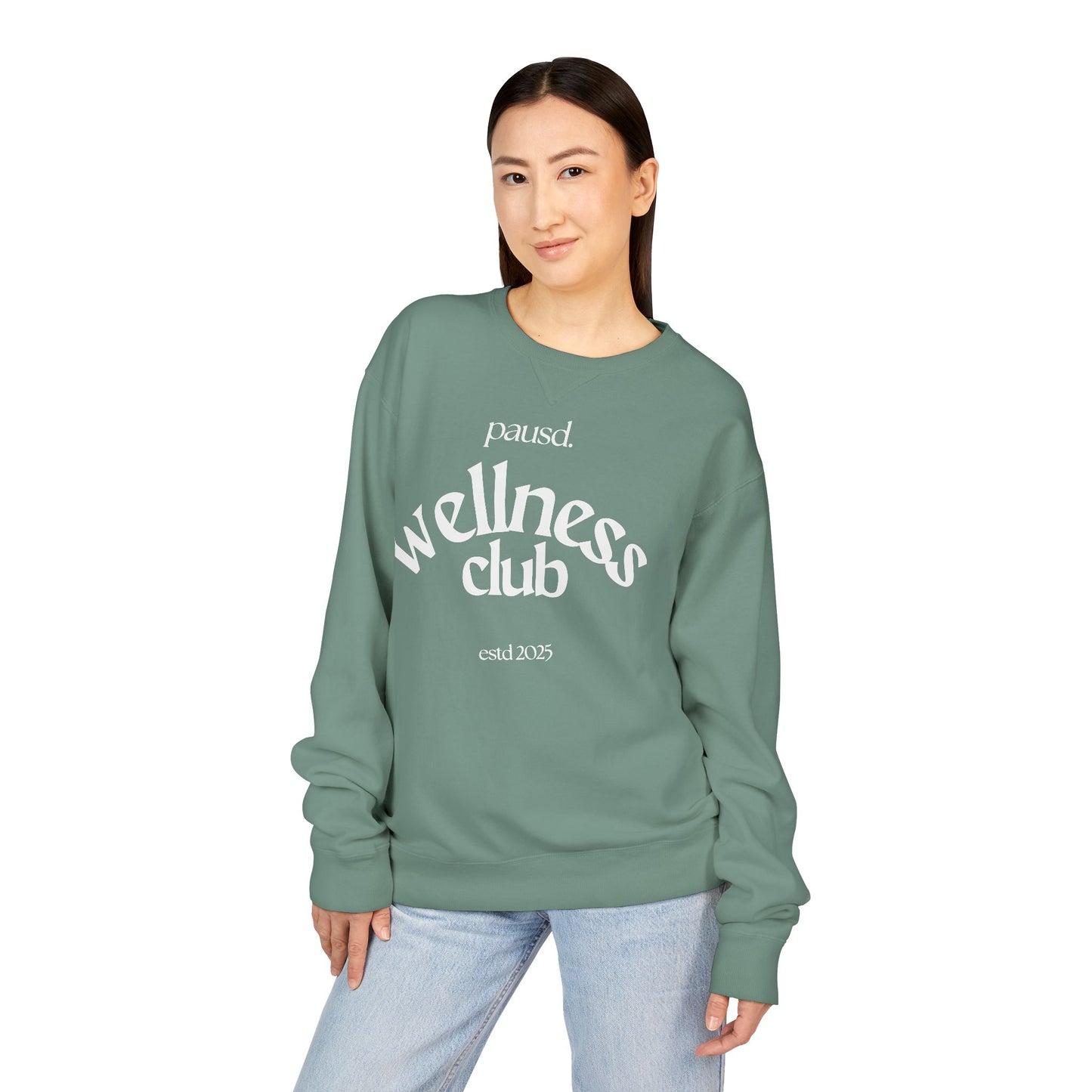 pausd Wellness Club in white Crewneck Sweatshirt | Unisex ComfortWash | Perfect for Self-Care Days, Casual Outfits, Gift for Friends