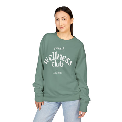 pausd Wellness Club in white Crewneck Sweatshirt | Unisex ComfortWash | Perfect for Self-Care Days, Casual Outfits, Gift for Friends