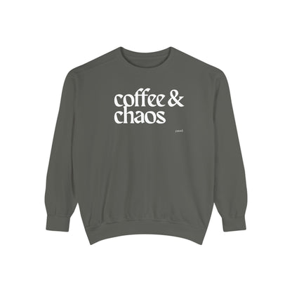 coffee and chaos in white | Unisex Garment-Dyed Sweatshirt